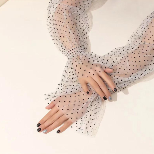 Long Women's Fingerless Gloves in White Tulle with Black Dots
